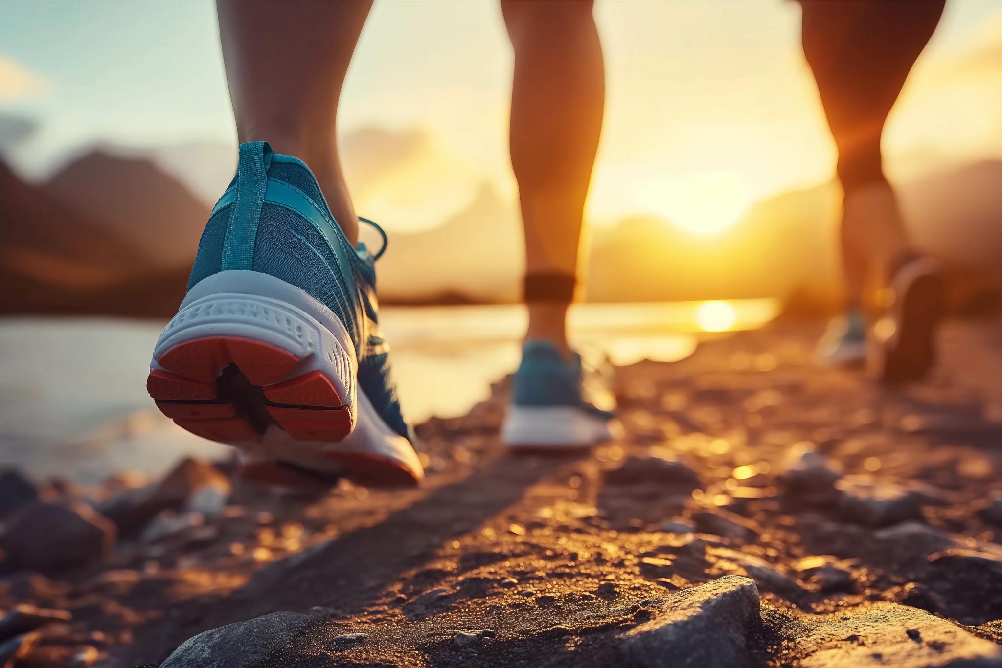 Closeup of running shoes in nature Mountain river at sunset.