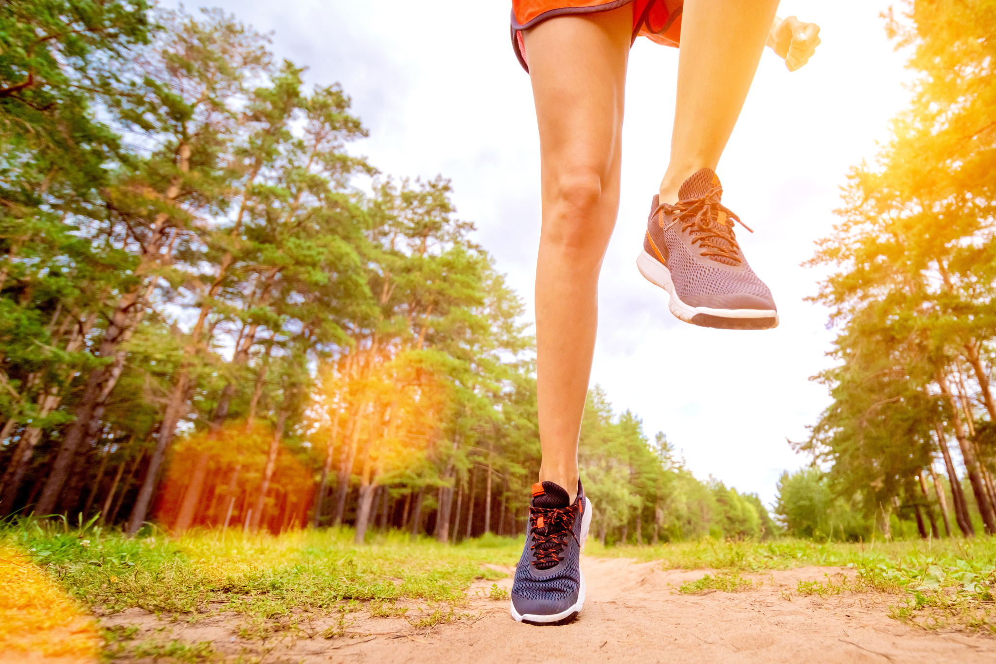 Closeup of athlete's feet running at the park. Fitness woman jogging outdoors. Exercising on forest path. Healthy, fitness, wellness lifestyle. Sport, cardio, workout concept