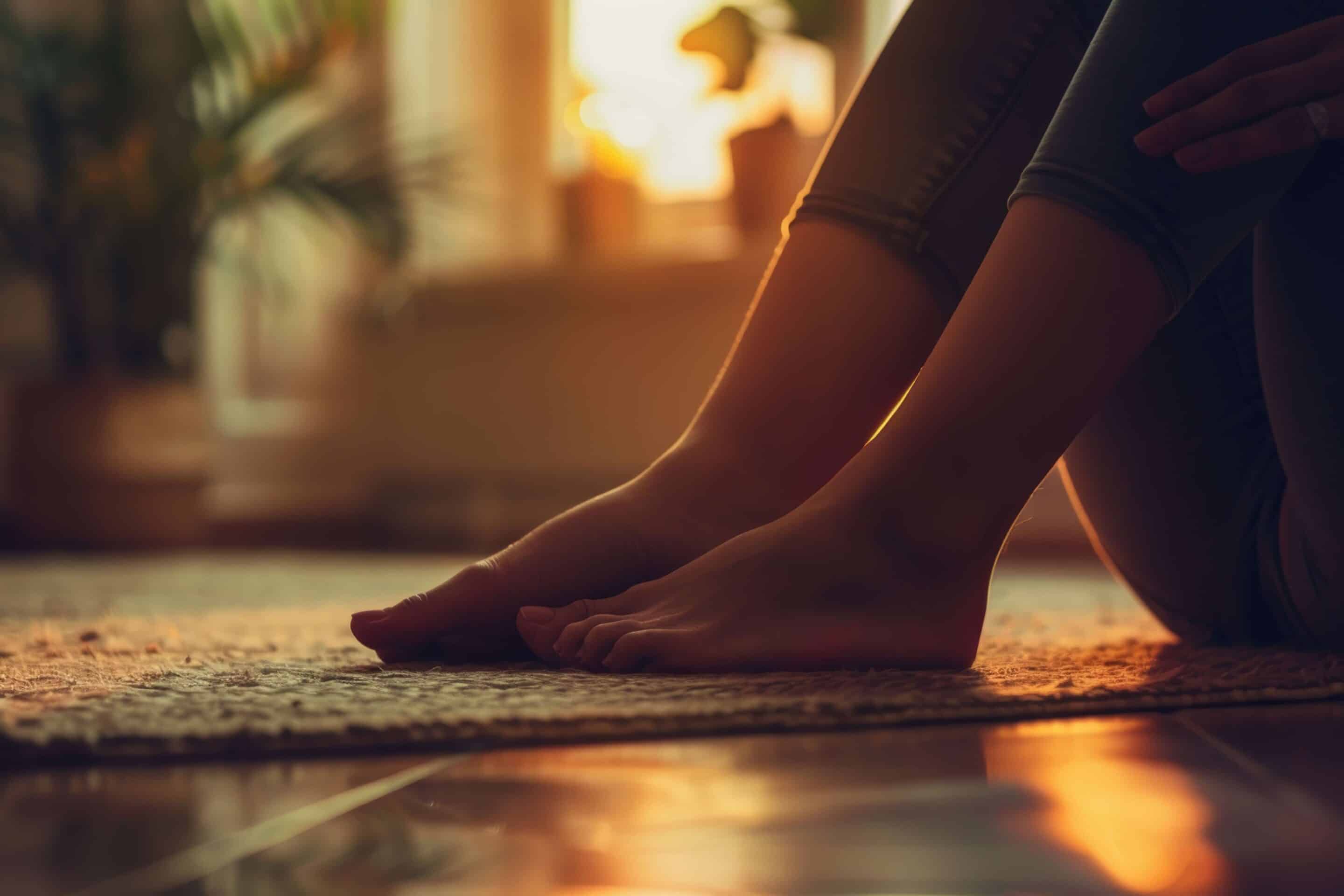 close-up of a young woman with foot discomfort on the floor
