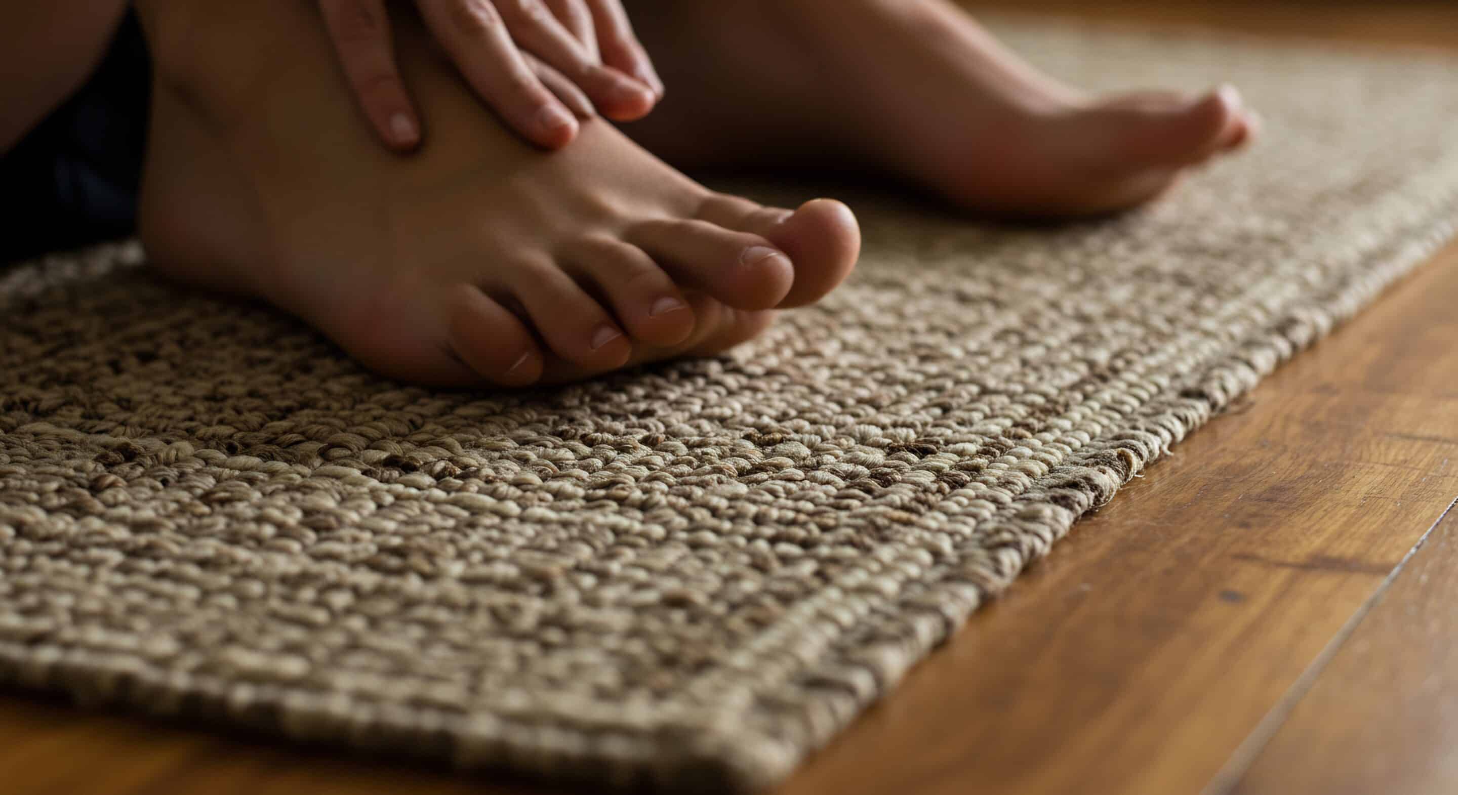 A persons bare feet rest on a beige woven rug with hands gently touching one foot next to a wooden floor
