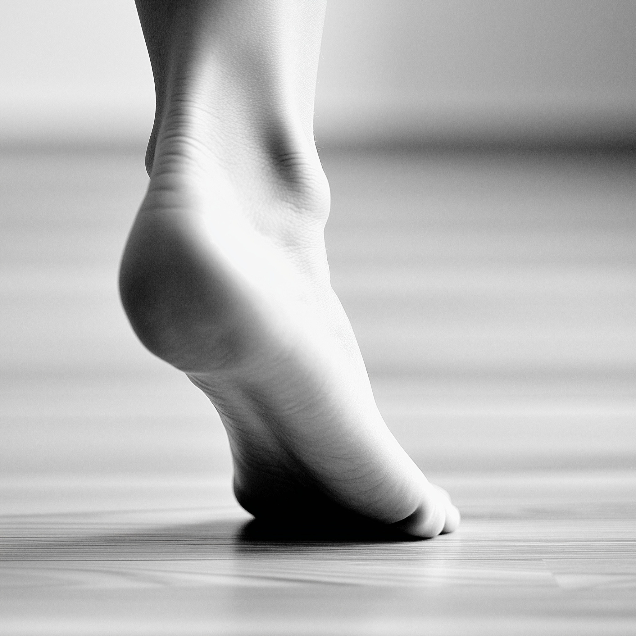Close up picture of a person's heel in black and white